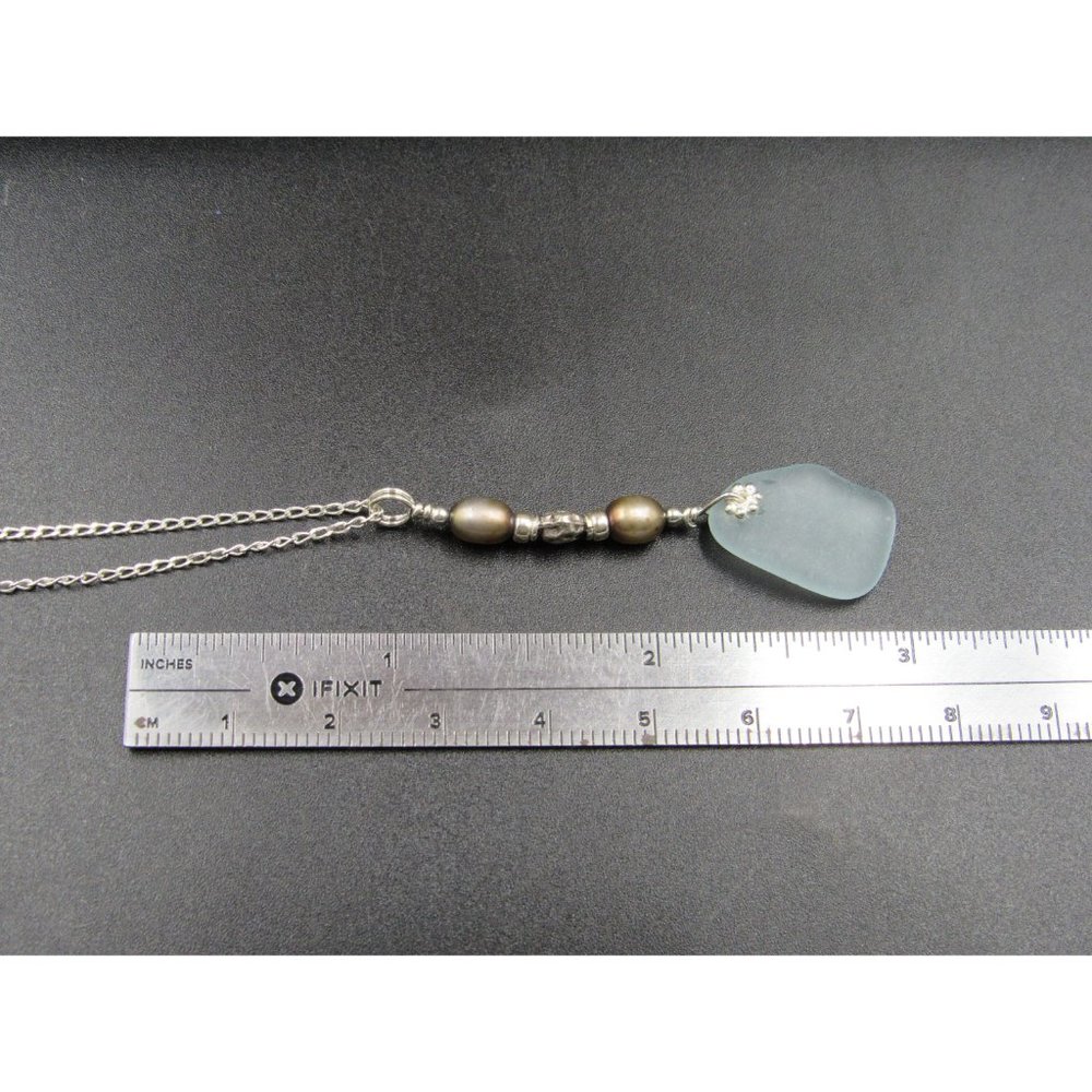 18 Inch Sterling Silver Sea Glass And Brown Real Pearls Necklace - Picture 5 of 6